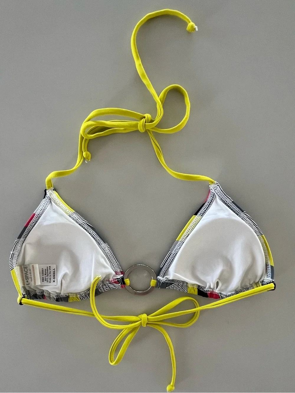 L*SPACE Geometric Chevron O-Ring Bright Yellow Chartreuse Triangle Bikini Top XS